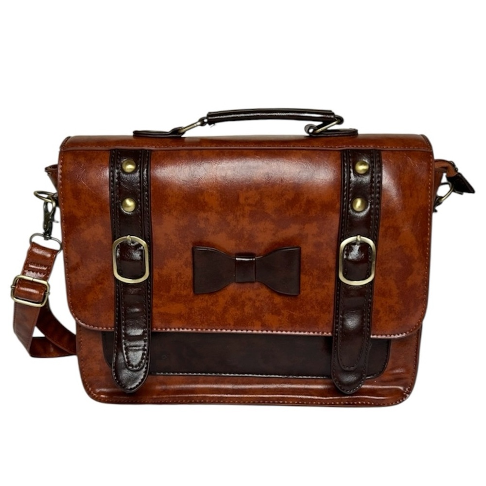 ECOSUSI Vintage Faux Leather Messenger Laptop Bag Satchel Brown with Bow 10x13